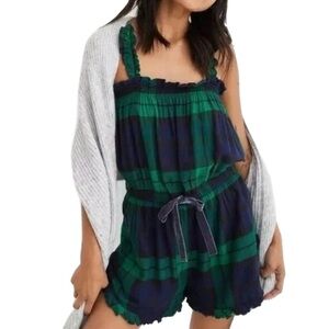 Aerie Flannel Plaid PJ Lounge Romper Green Plaid Tie Waist Super Soft Women Sz S